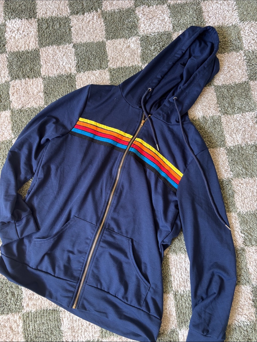 Navy Zip-Up Hoodie with Rainbow Stripe